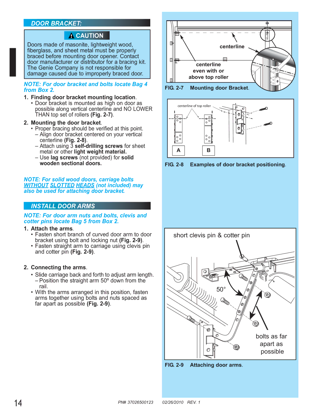 Genie 2024, 2042, 2022 manual Door Bracket, Install Door Arms 