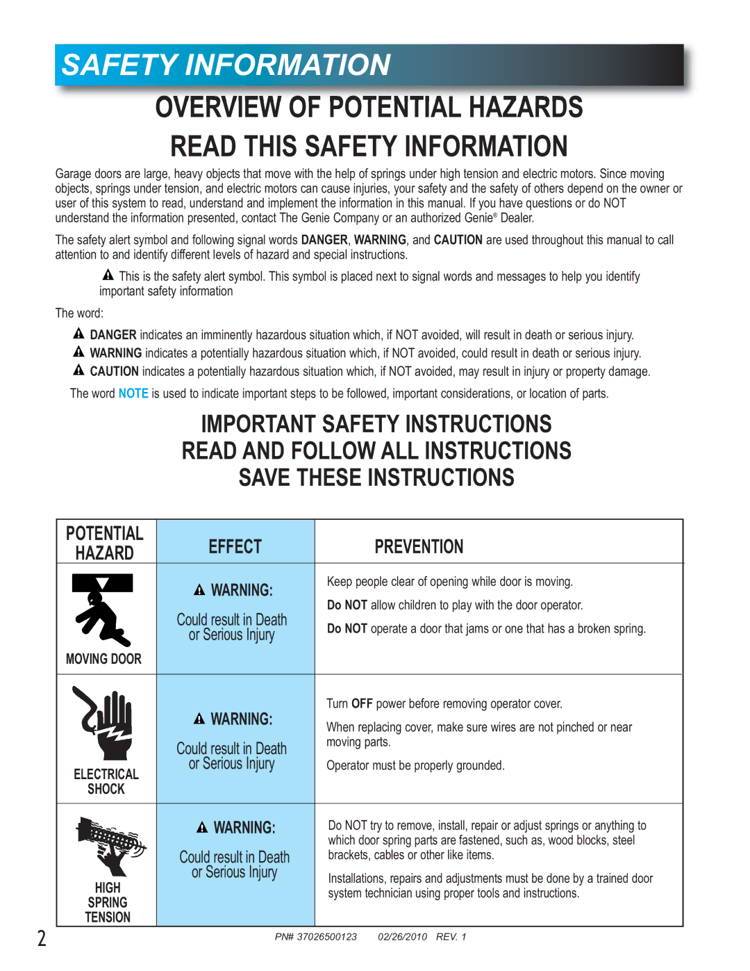 Genie 2024, 2042, 2022 manual Safety Information 