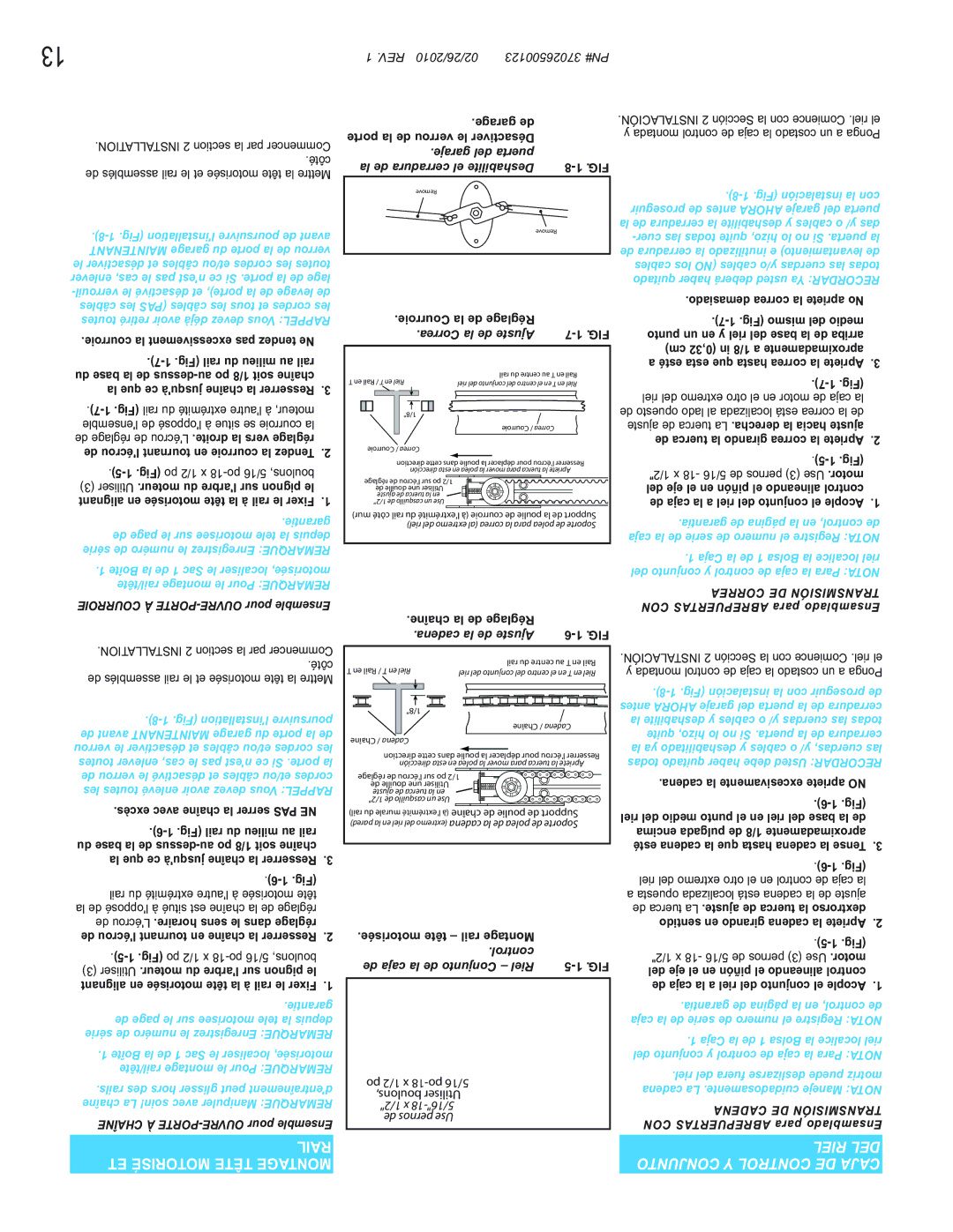 Genie 2024, 2042, 2022 manual Correa la de Ajuste, Cadena la de Ajuste, Control De caja la de Conjunto Riel 