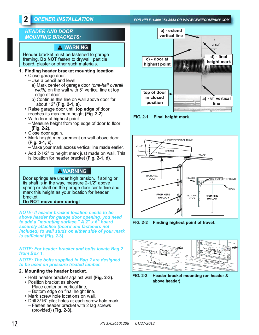 Genie 2042, 2022, 2024 manual Opener Installation Header and Door Mounting Brackets, Finding header bracket mounting location 