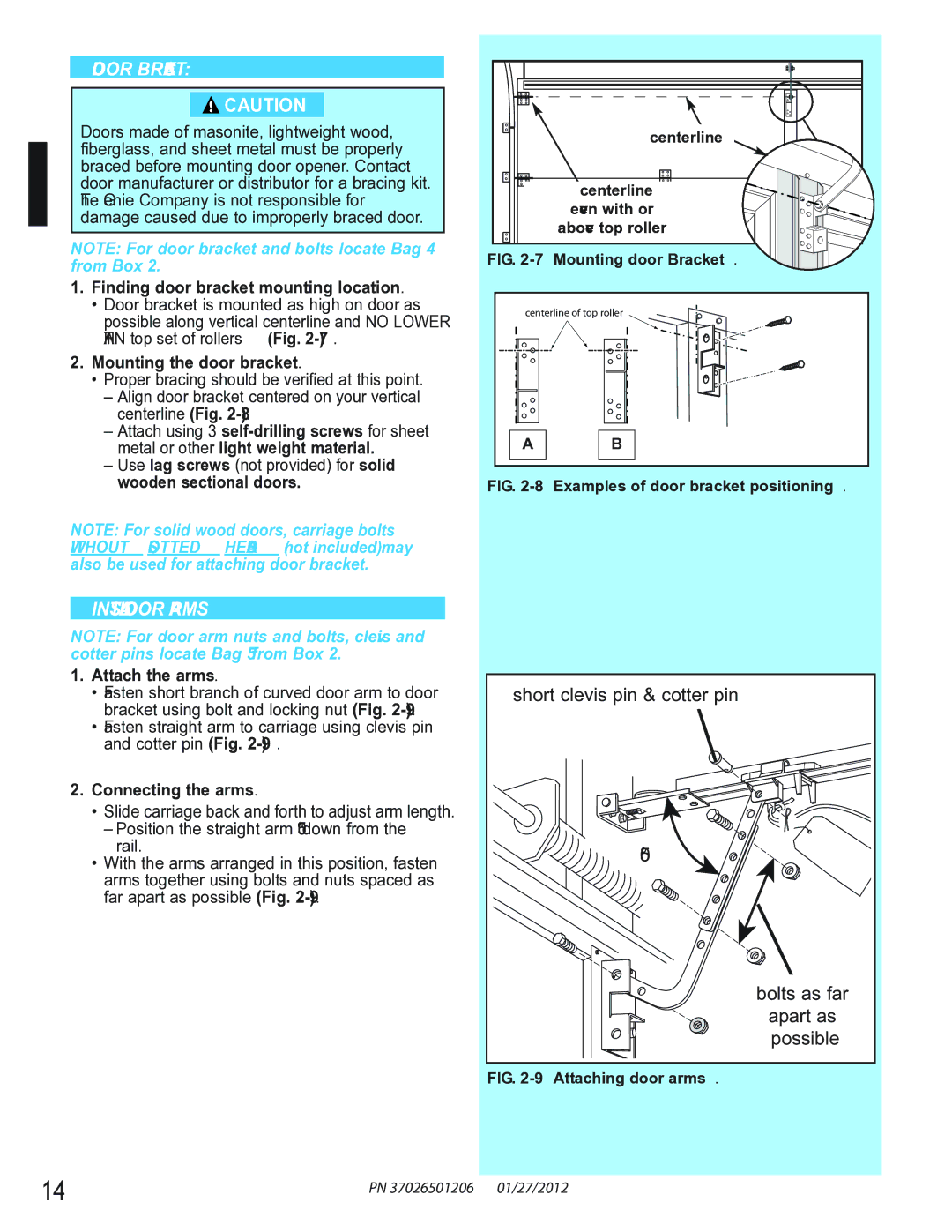 Genie 2024, 2042, 2022 manual Door Bracket, Install Door Arms 