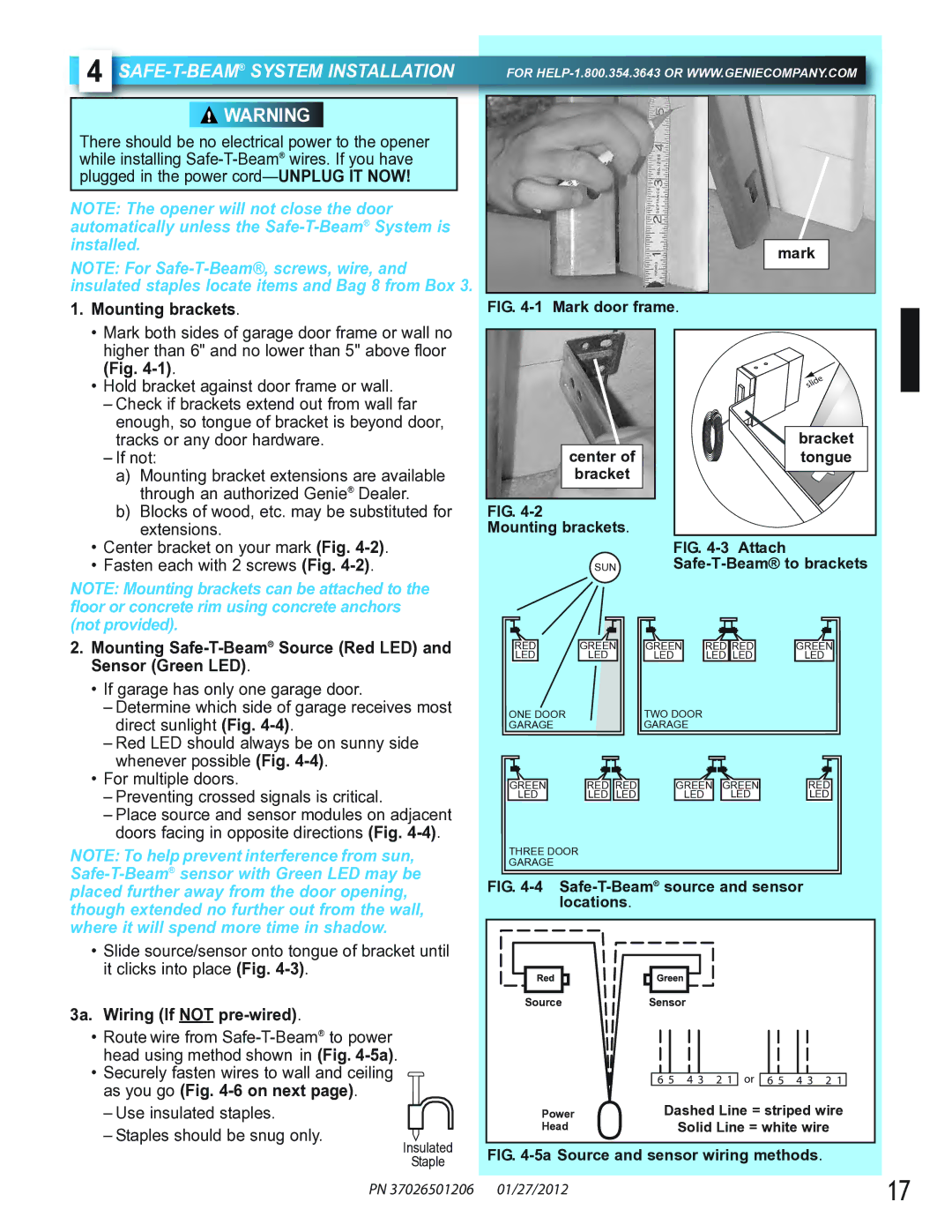 Genie 2024, 2042, 2022 manual AFE-T-BEAMSYSTEM Installation, Mounting Safe-T-BeamSource Red LED and Sensor Green LED 