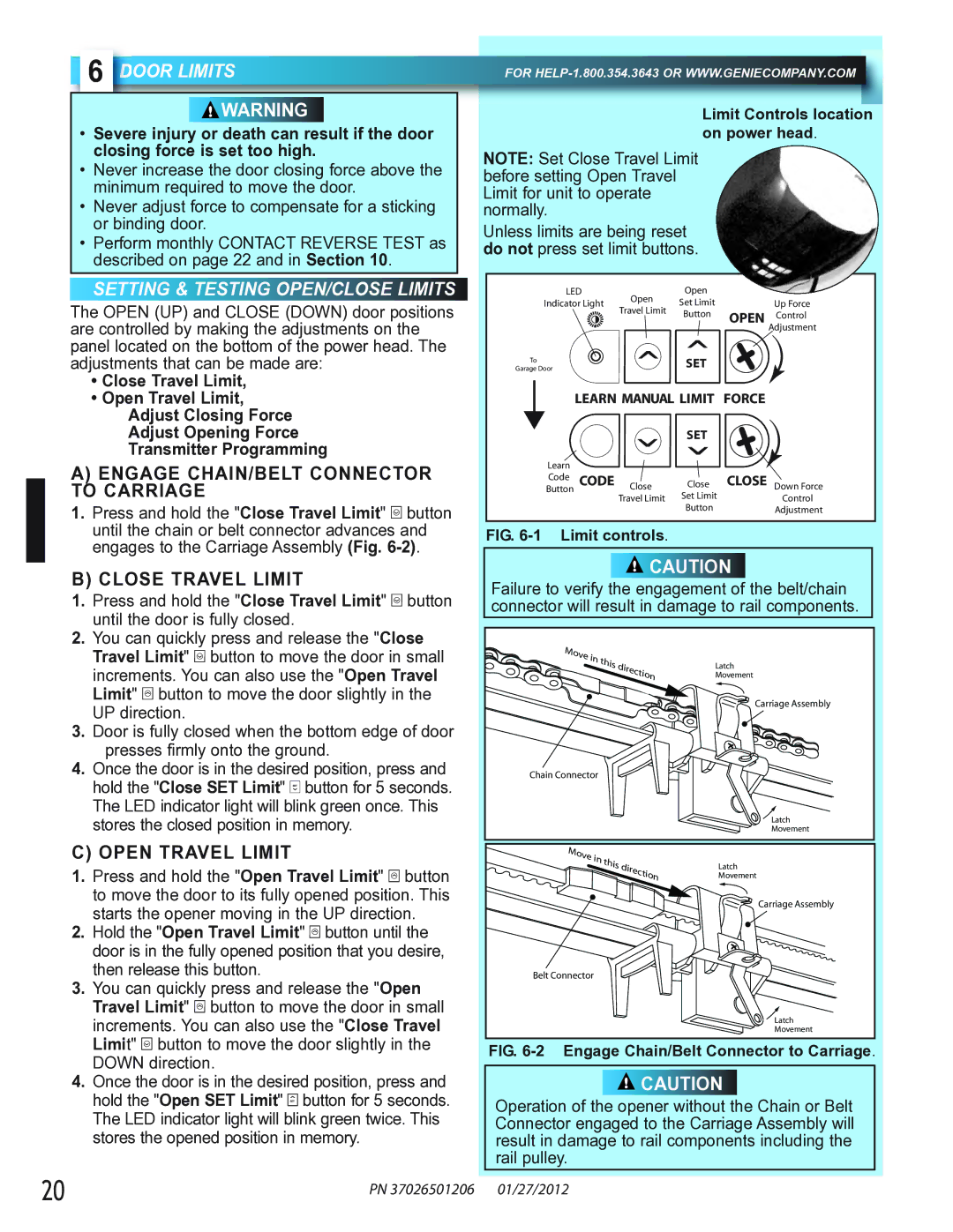 Genie 2024, 2042, 2022 manual OOR Limits, Setting & Testing OPEN/CLOSE Limits, Close Travel Limit 