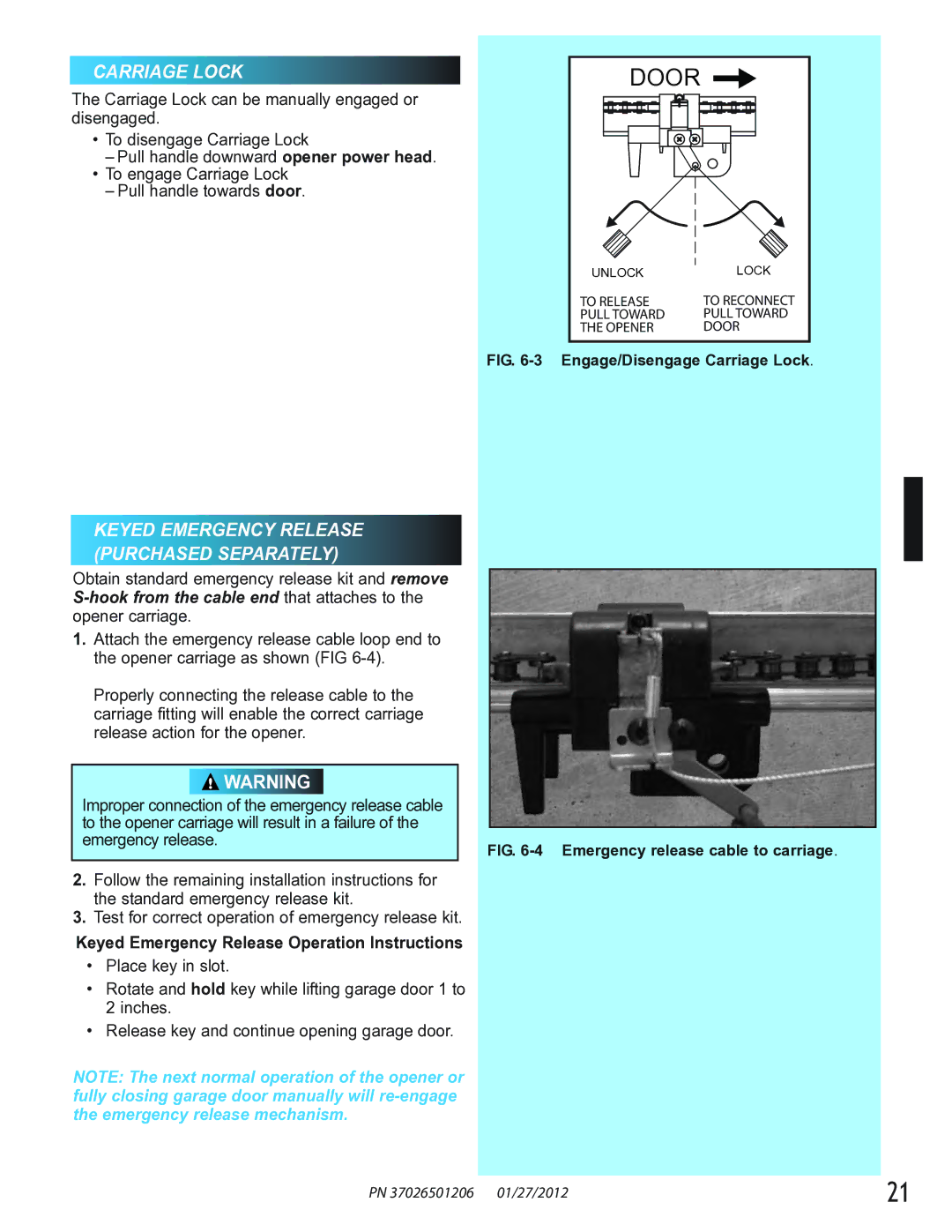 Genie 2042, 2022, 2024 manual Carriage Lock, Keyed Emergency Release Operation Instructions 