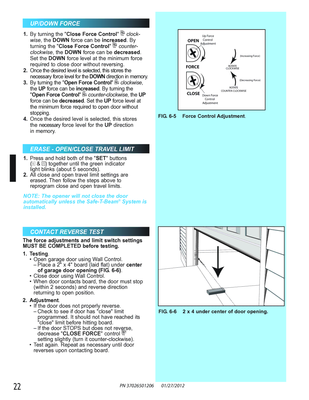 Genie 2022, 2042, 2024 manual UP/DOWN Force, Erase OPEN/CLOSE Travel Limit, Contact Reverse Test, Testing, Adjustment 