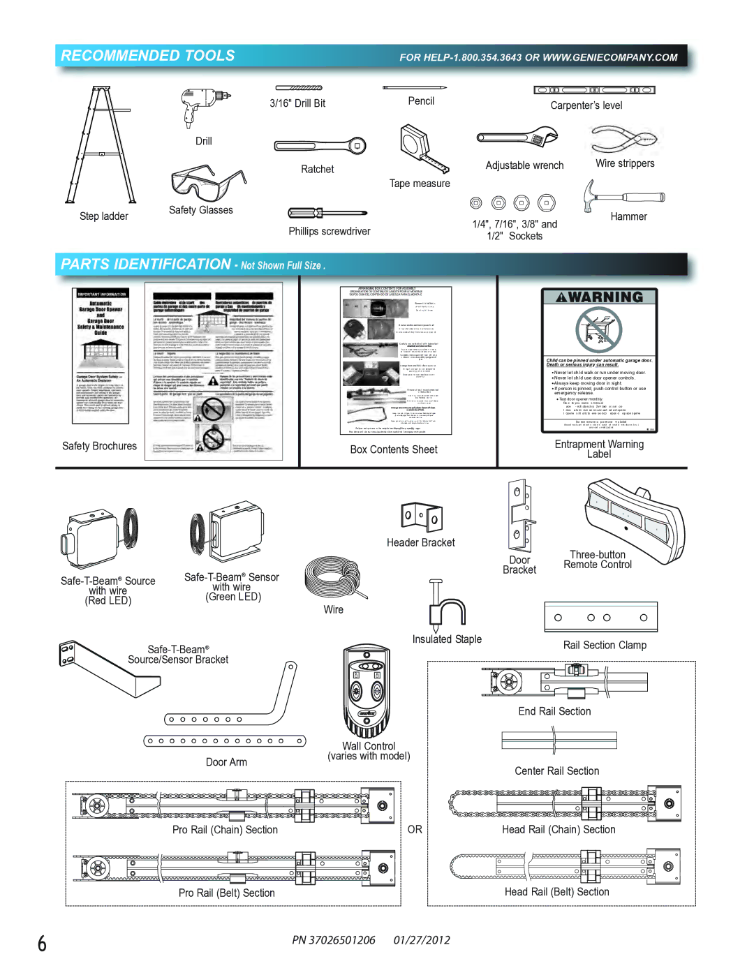 Genie 2042, 2022, 2024 manual Recommended Tools, Parts Identification Not Shown Full Size 