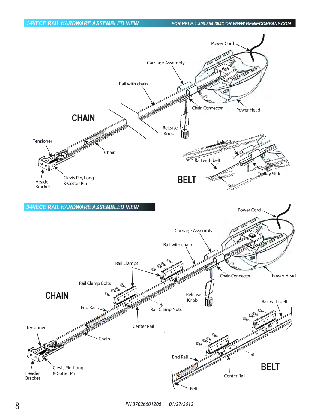 Genie 2024, 2042, 2022 manual Chain, Piece Rail Hardware Assembled View 