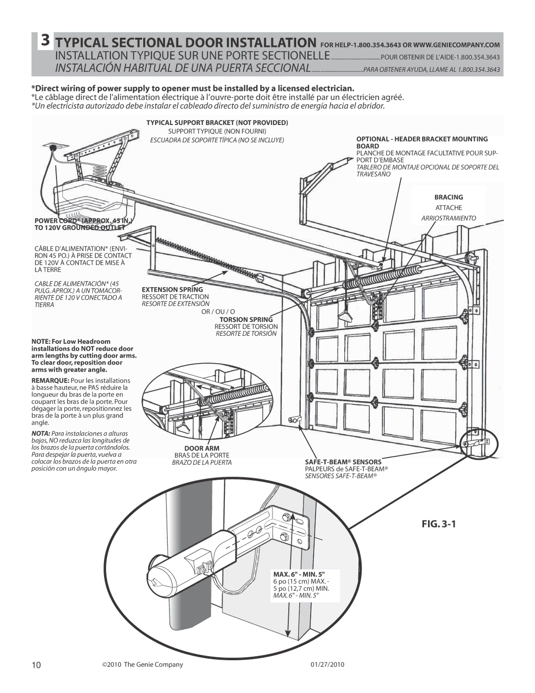 Genie 3024 manual Installation Typique SUR UNE Porte Sectionelle 