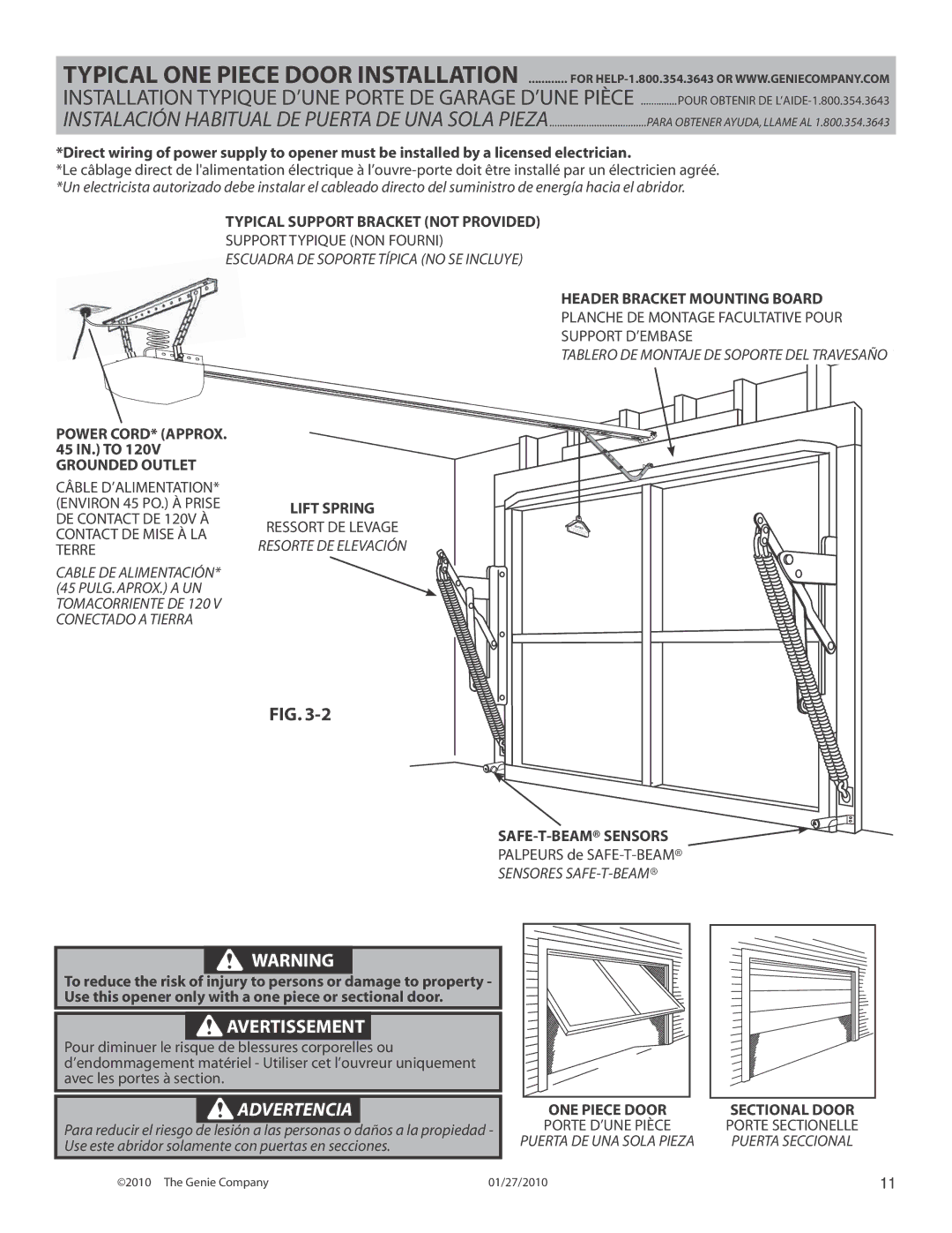 Genie 3024 manual Typical ONE Piece Door Installation 