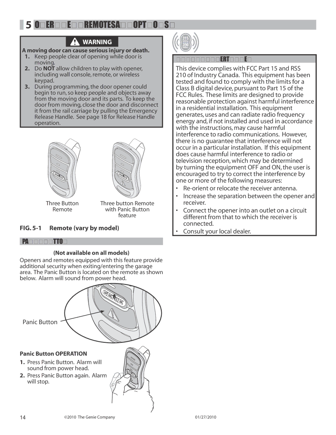 Genie 3024 manual Overview Remotes and Options, Panic Button, This device complies with FCC Part 15 and RSS 