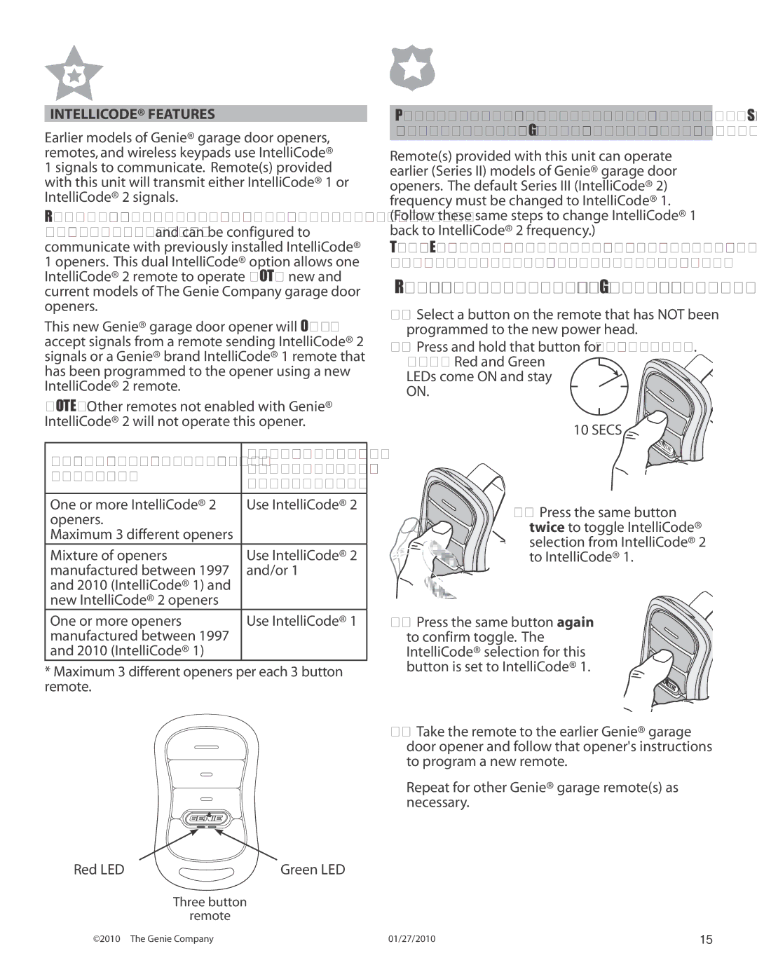 Genie 3024 manual Red = IntelliCode 1 / Green = IntelliCode, Intellicode Features 