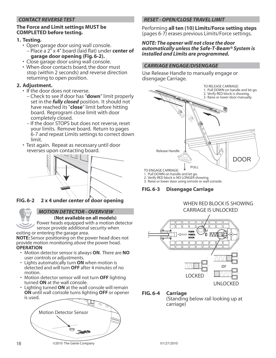 Genie 3024 manual Contact Reverse Test, Adjustment, Motion Detector Overview, Reset OPEN/CLOSE Travel Limit 