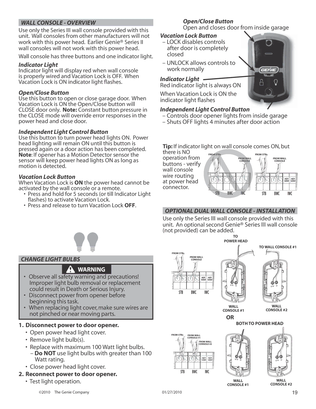 Genie 3024 Wall Console Overview, Change Light Bulbs, Disconnect power to door opener, Reconnect power to door opener 