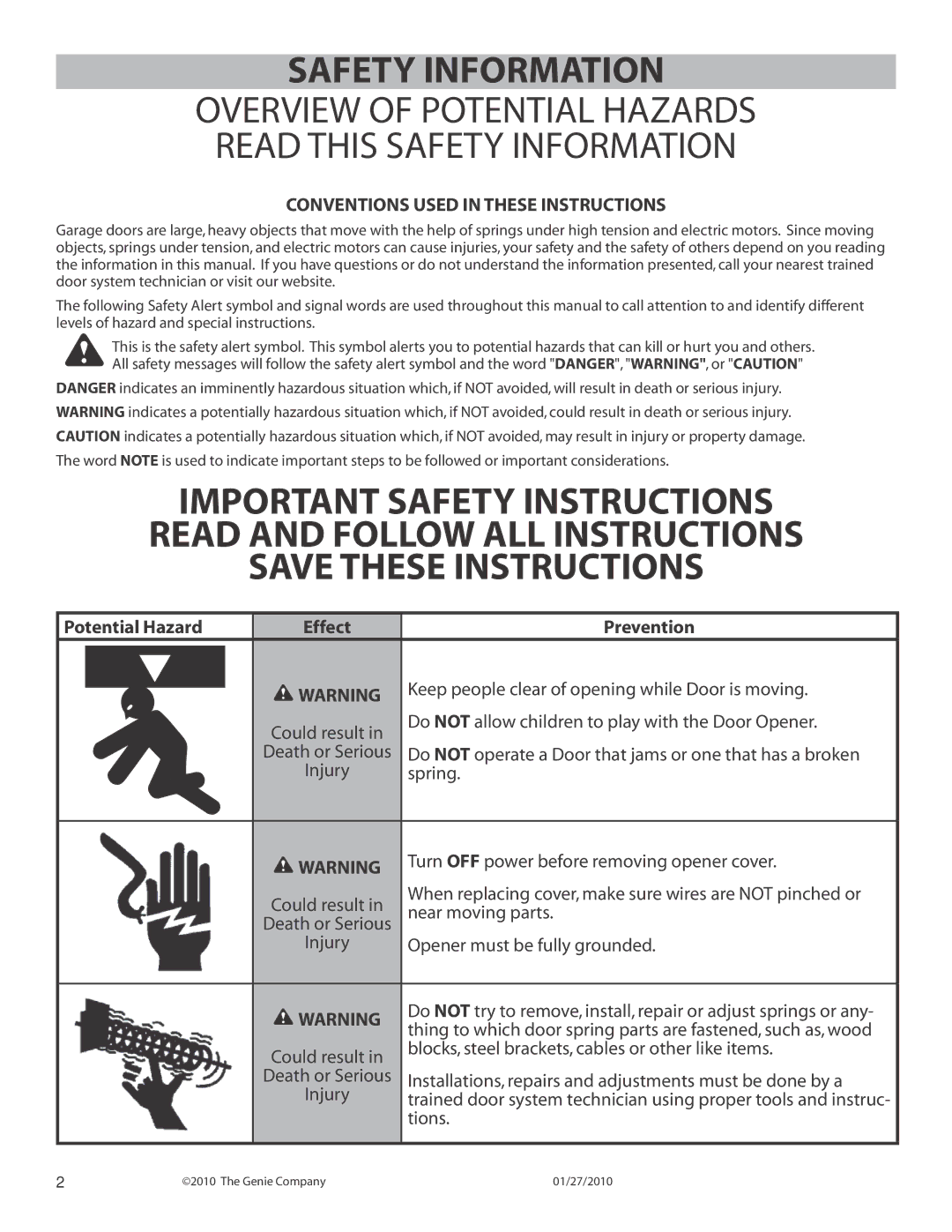 Genie 3024 manual Potential Hazard, Prevention 