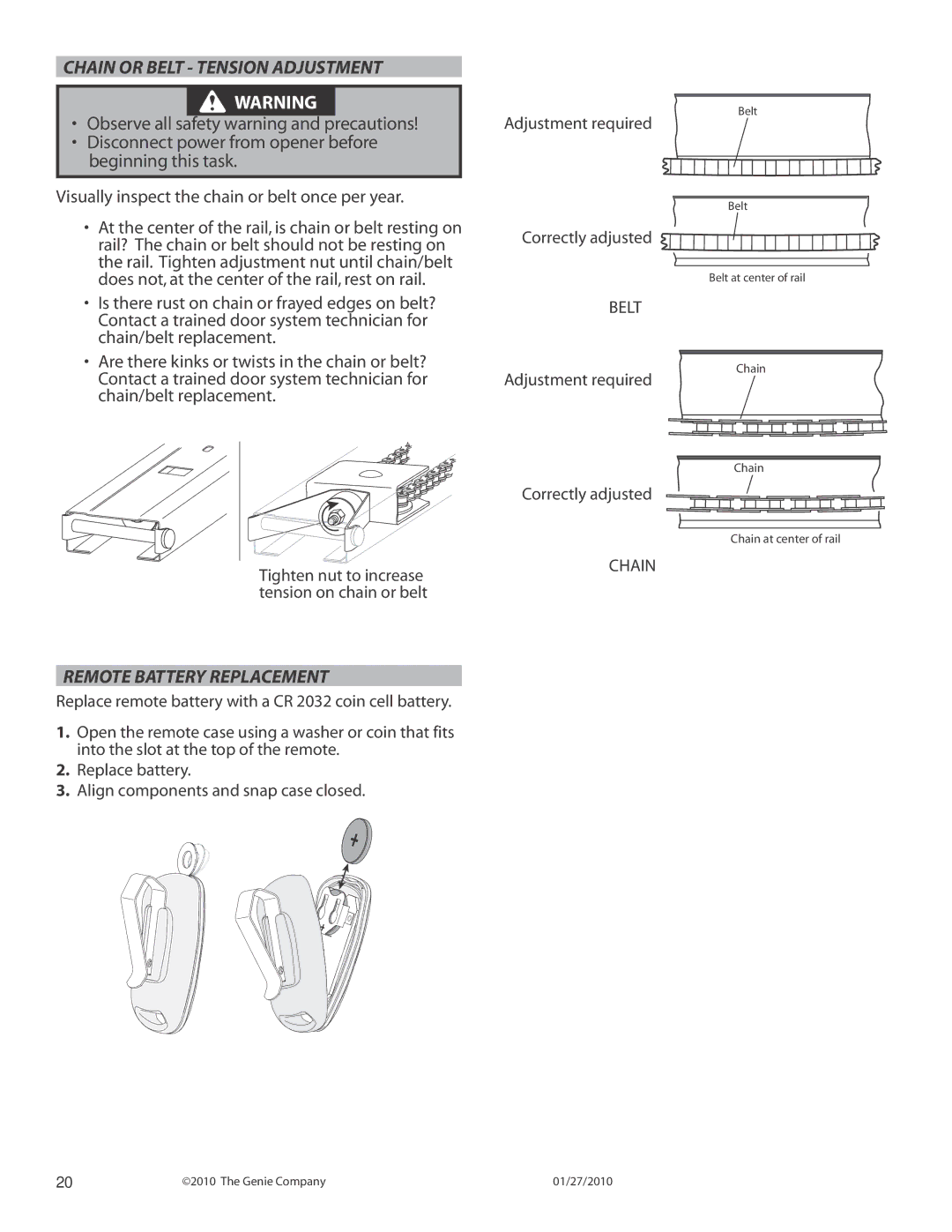 Genie 3024 manual Chain or Belt Tension Adjustment, Remote Battery Replacement 