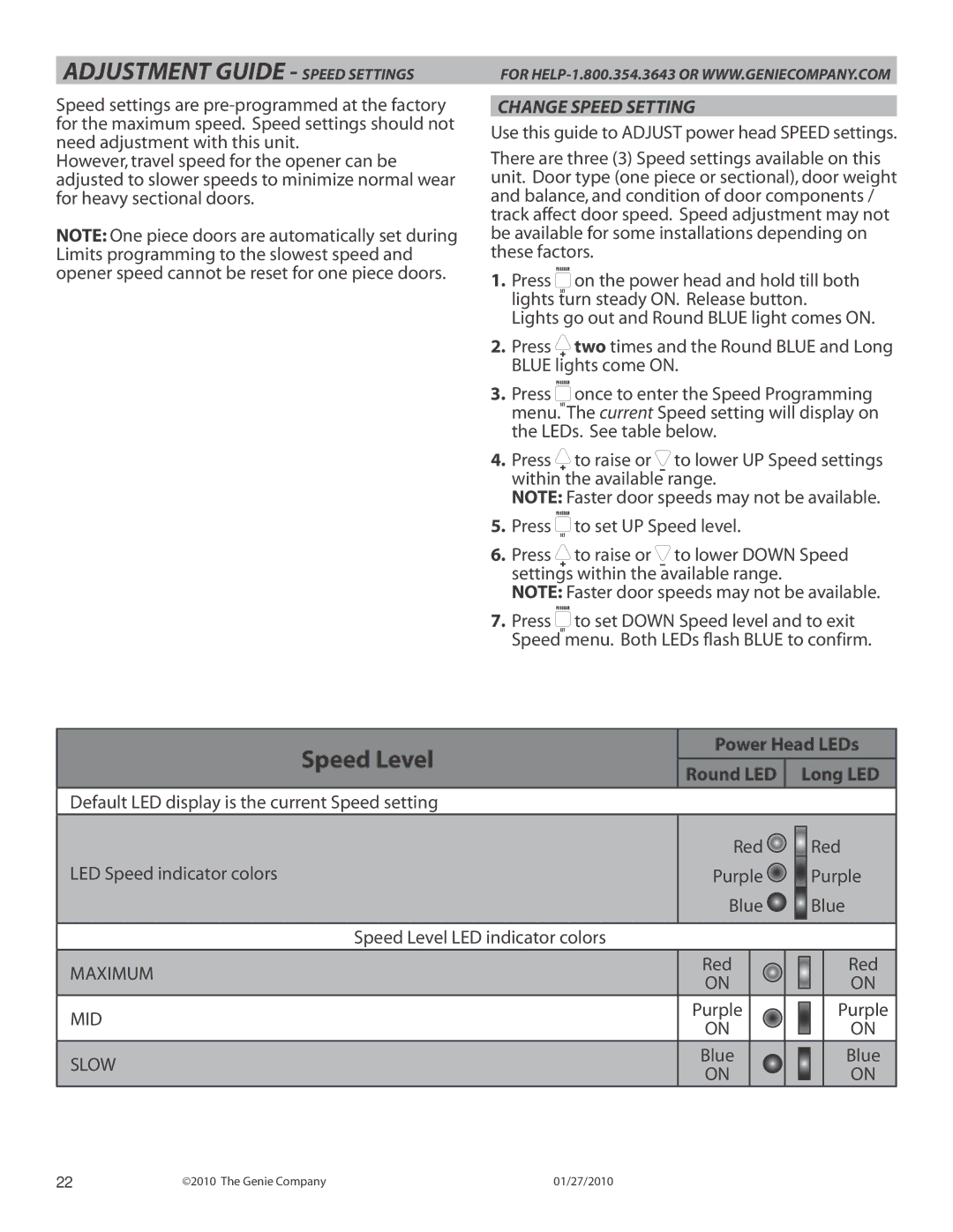 Genie 3024 manual Adjustment Guide Speed Settings, Change Speed Setting, Power Head LEDs Round LED Long LED 