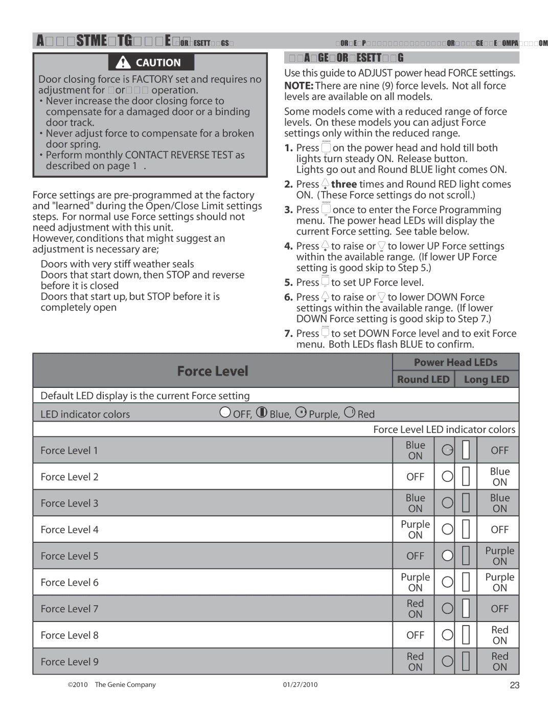 Genie 3024 manual Adjustment Guide Force Settings, Change Force Setting 