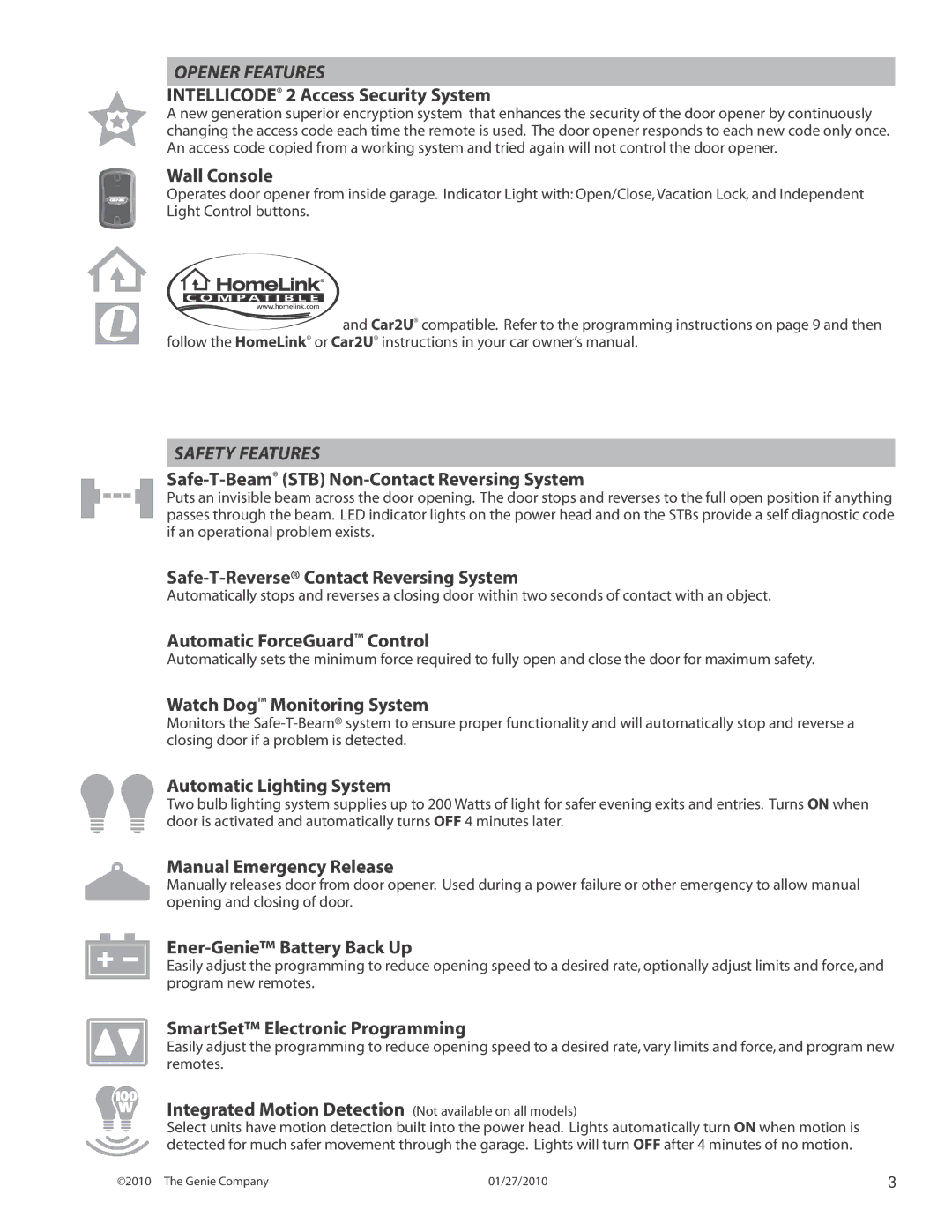 Genie 3024 manual Opener Features, Safety Features 