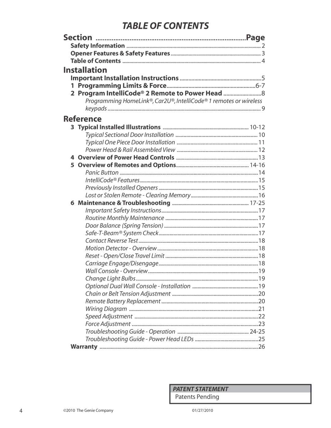 Genie 3024 manual Table of Contents 