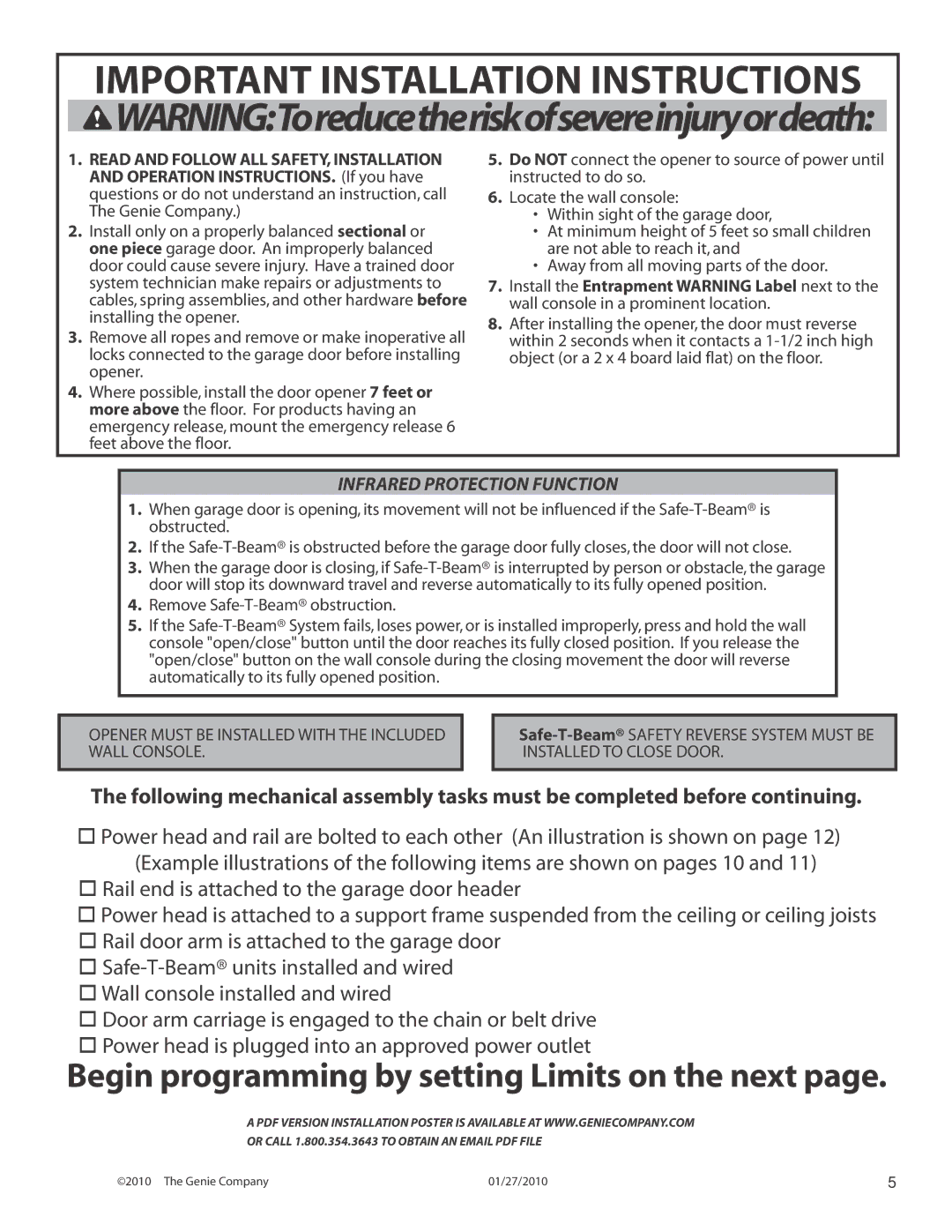 Genie 3024 manual Important Installation Instructions, Infrared Protection Function 