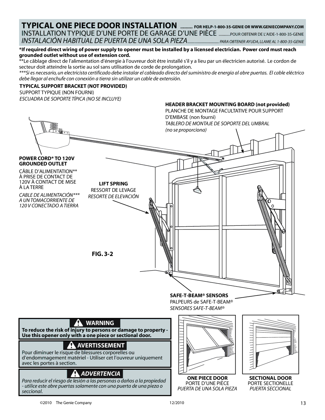 Genie 3024H manual Typical ONE Piece Door Installation 