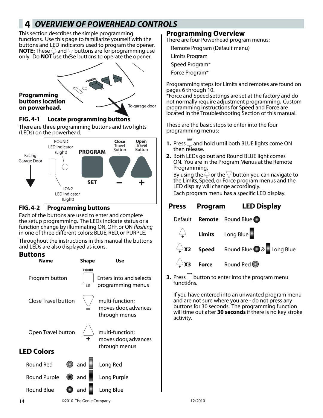 Genie 3024H manual Overview of Powerhead Controls, Programming Buttons location, On powerhead 