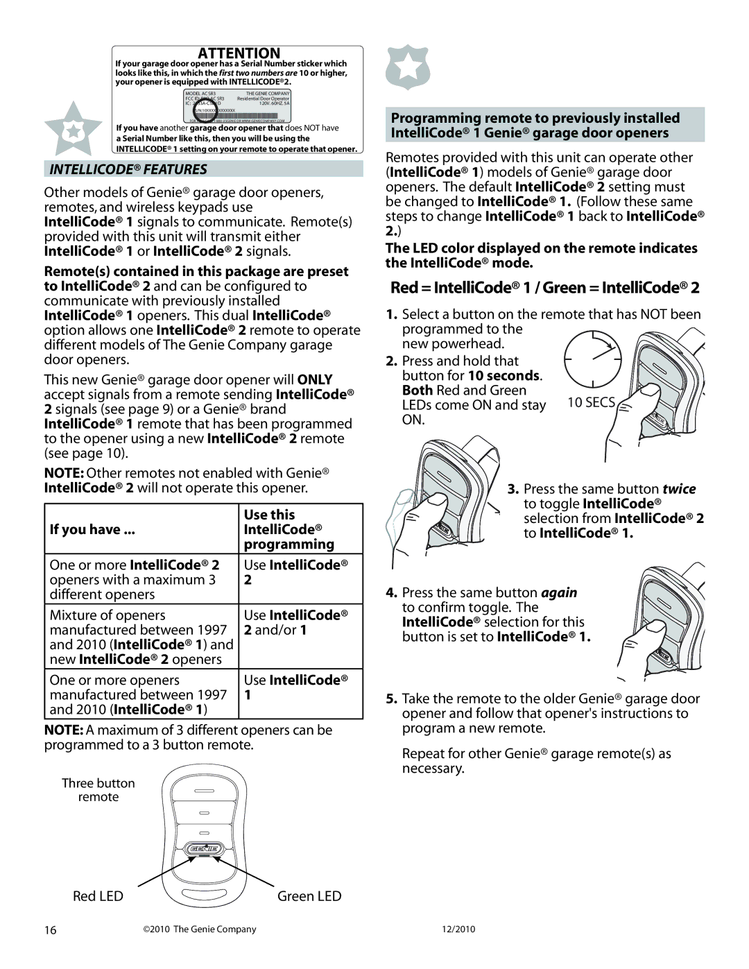 Genie 3024H manual Intellicode Features 