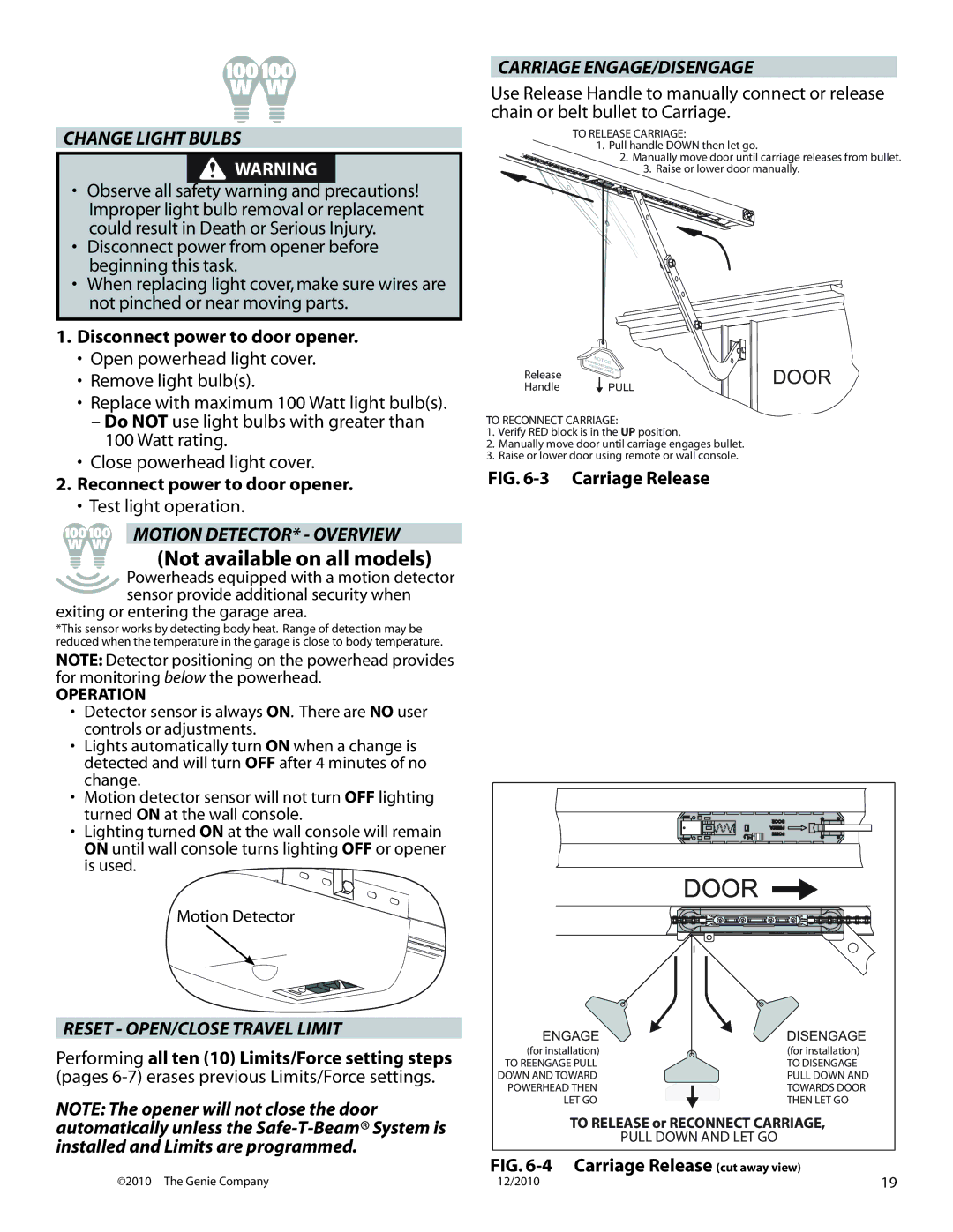 Genie 3024 Door, Change Light Bulbs, Motion DETECTOR* Overview, Reset OPEN/CLOSE Travel Limit, Carriage ENGAGE/DISENGAGE 