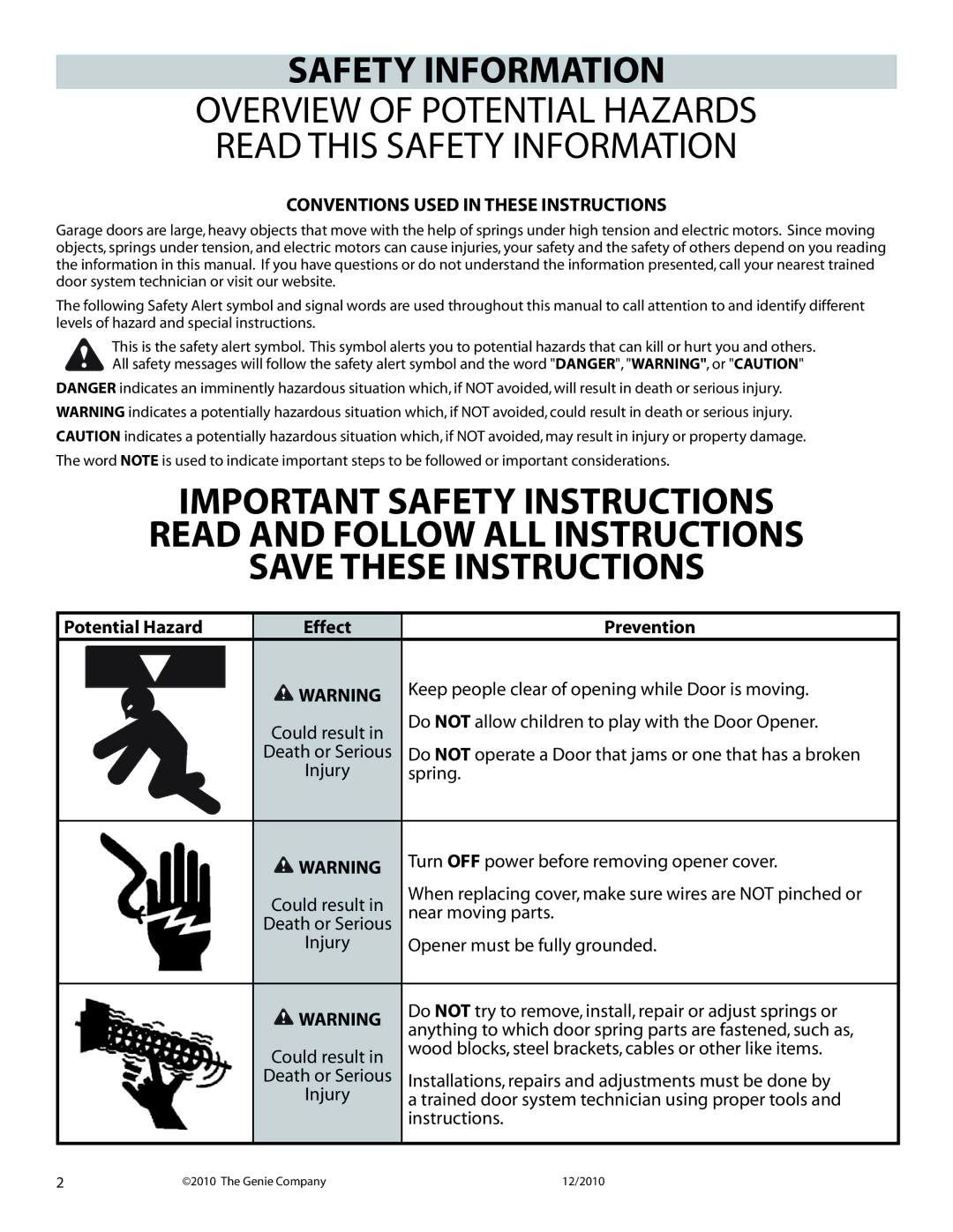 Genie 3024H manual Potential Hazard, Prevention 