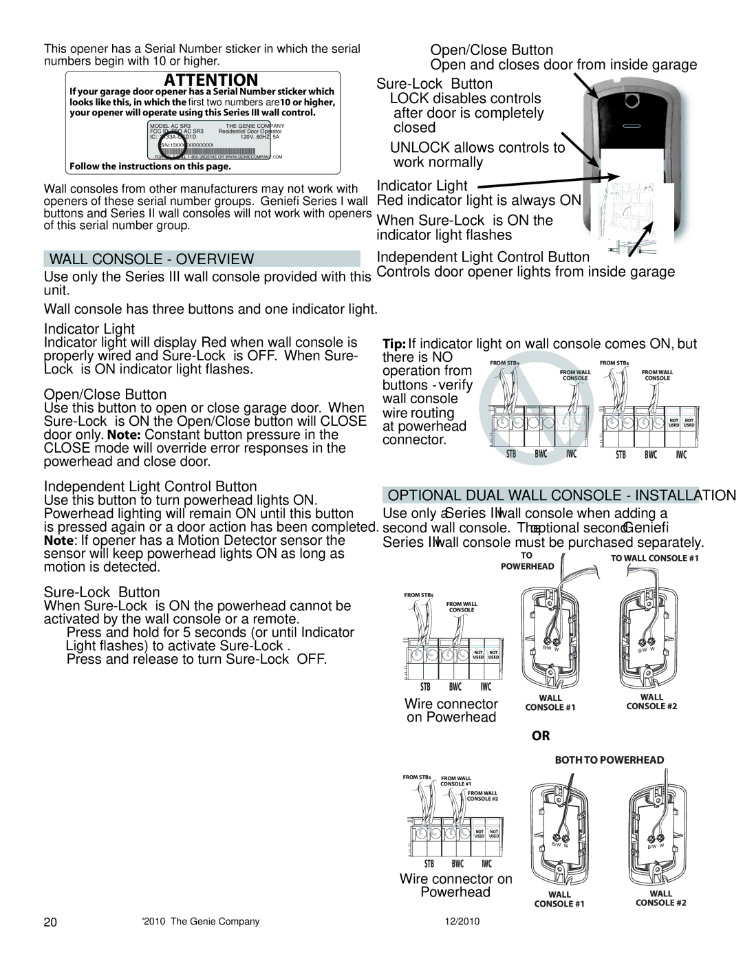 Genie 3024H Wall Console Overview, Open and closes door from inside garage, Closed Unlock allows controls to work normally 