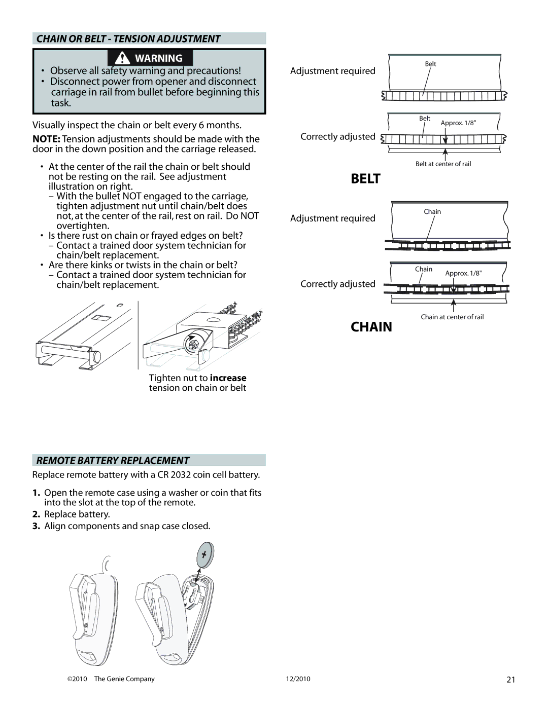 Genie 3024H manual Chain or Belt Tension Adjustment, Remote Battery Replacement 