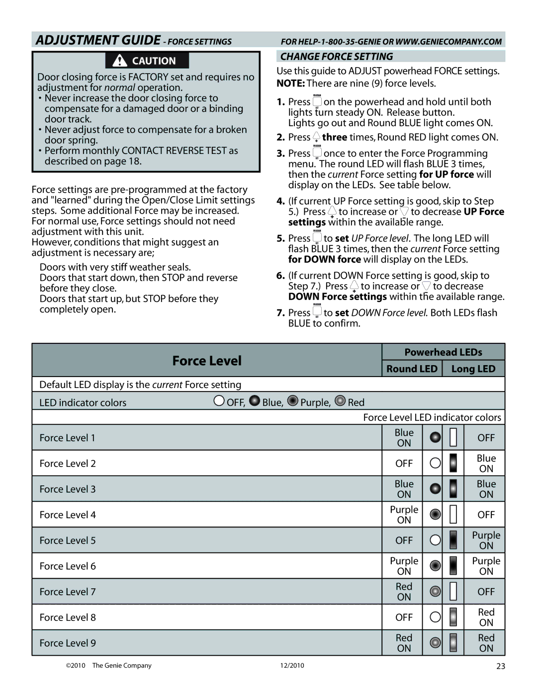 Genie 3024H manual Adjustment Guide Force Settings, Change Force Setting 