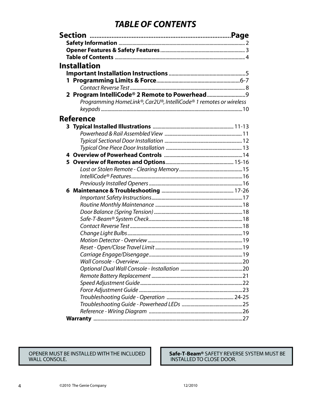 Genie 3024H manual Table of Contents 