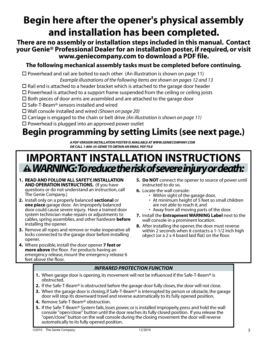 Genie 3024H manual Important Installation Instructions, Infrared Protection Function 