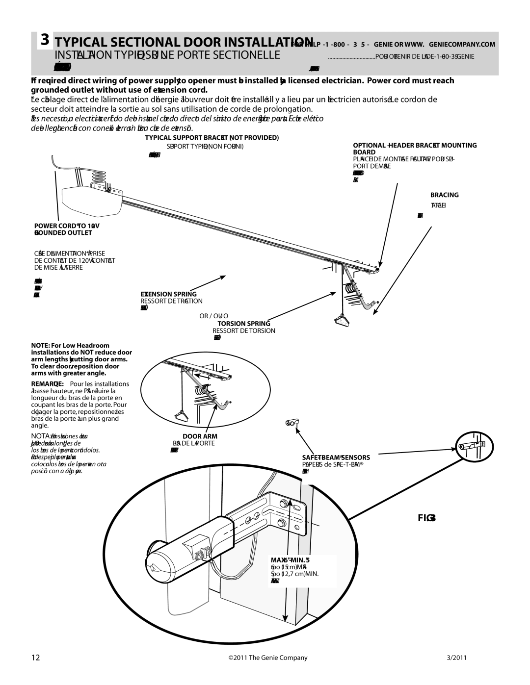 Genie 3042 manual Installation Typique SUR UNE Porte Sectionelle 