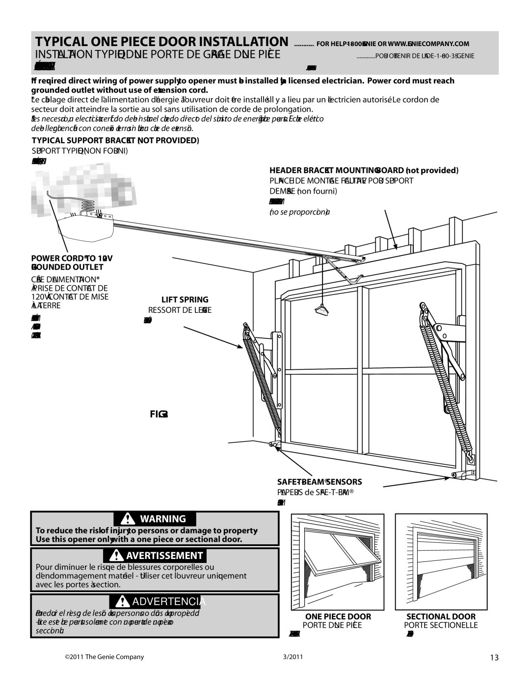 Genie 3042 manual Typical ONE Piece Door Installation, Header Bracket Mounting Board not provided 