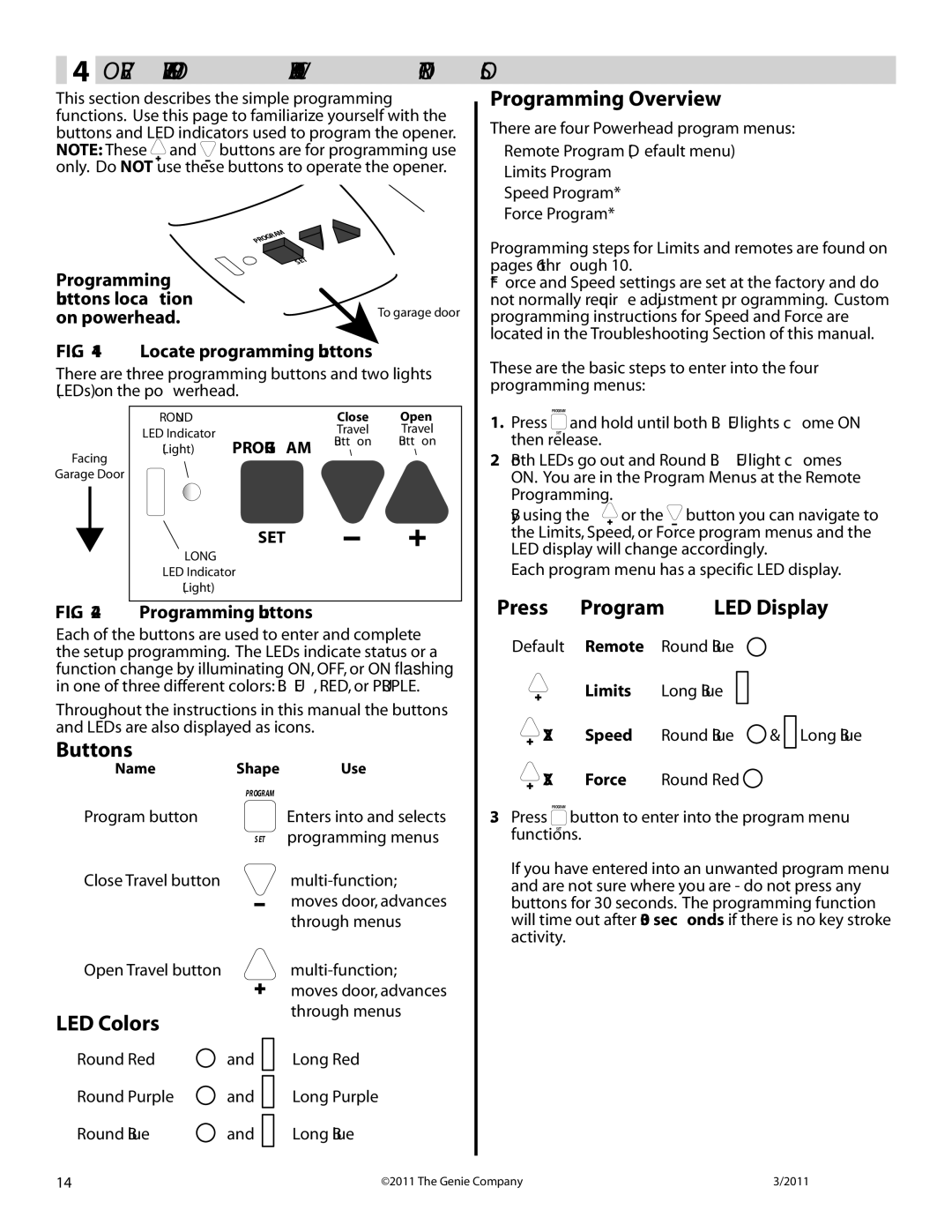 Genie 3042 manual Overview of Powerhead Controls, Programming Buttons location, On powerhead 