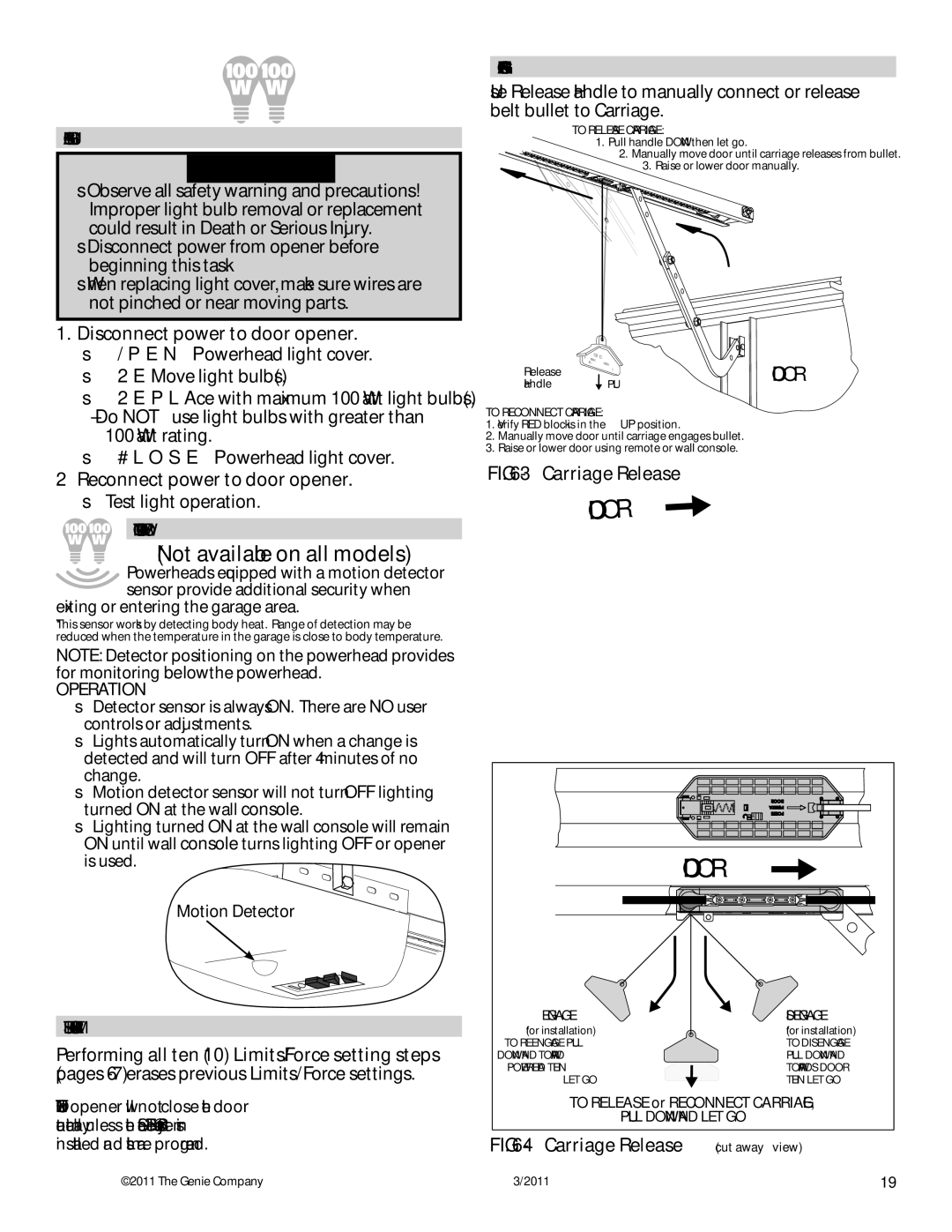 Genie 3042 Door, Change Light Bulbs, Motion DETECTOR* Overview, Reset OPEN/CLOSE Travel Limit, Carriage ENGAGE/DISENGAGE 