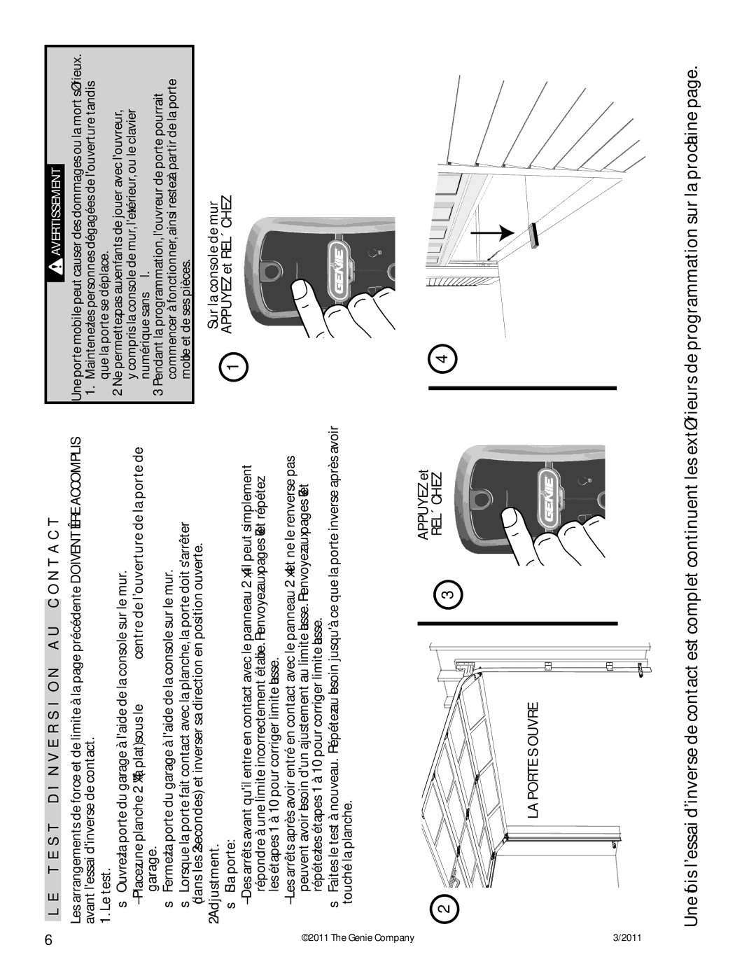 Genie 3042 manual LE Test D’INVERSION AU Contact, Le test, Appuyez et 