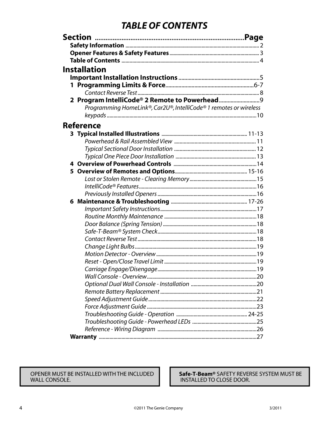 Genie 3042 manual Table of Contents 