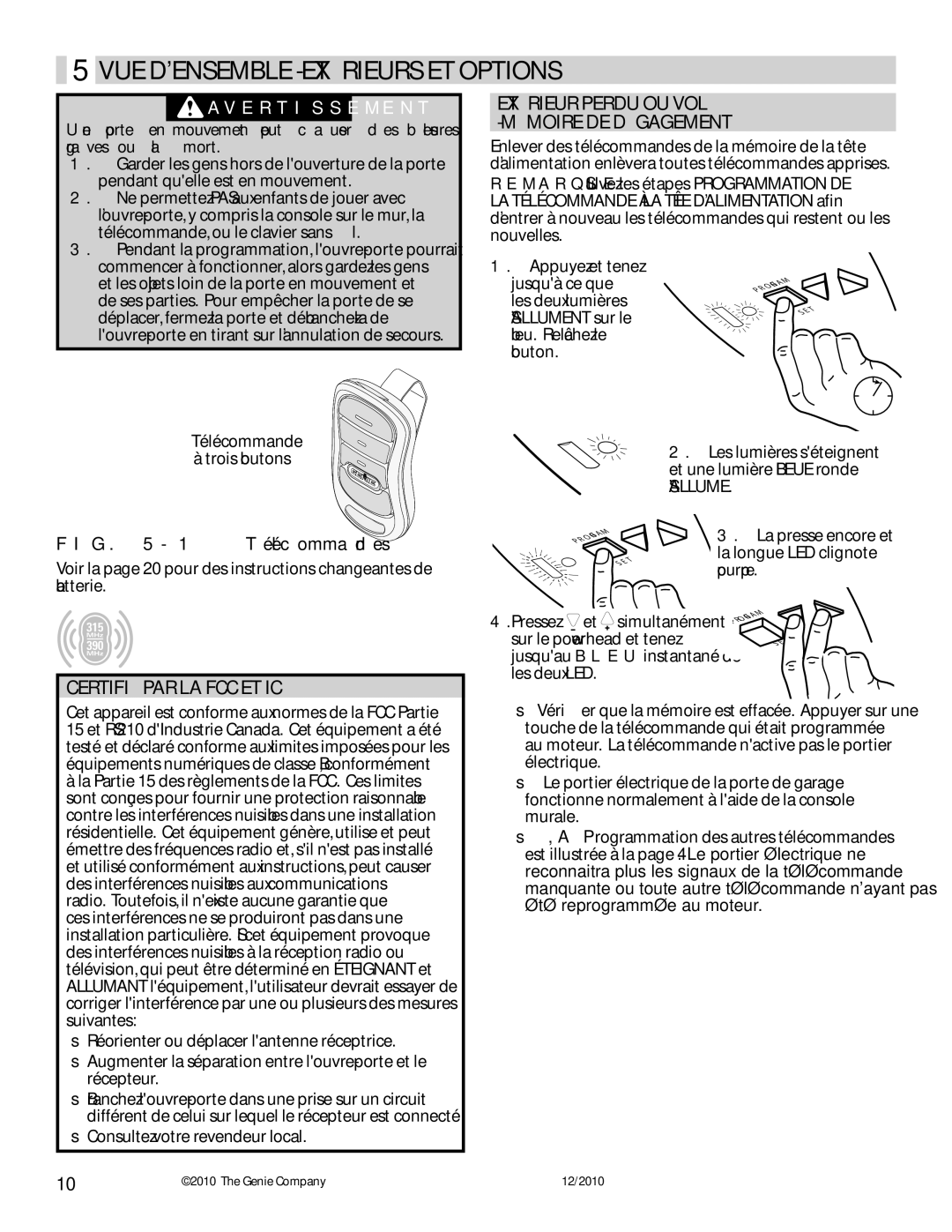 Genie 3042 manual VUE Densemble Extérieurs ET Options, Certifié PAR LA FCC ET IC, Pourpre 