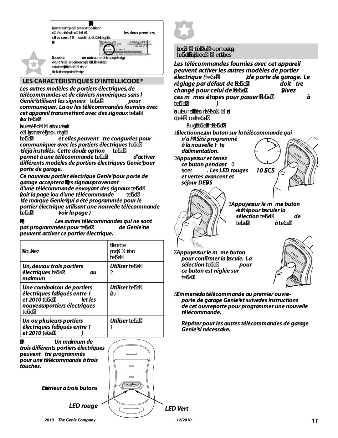 Genie 3042 manual LES Caractéristiques D’INTELLICODE, LED rouge 