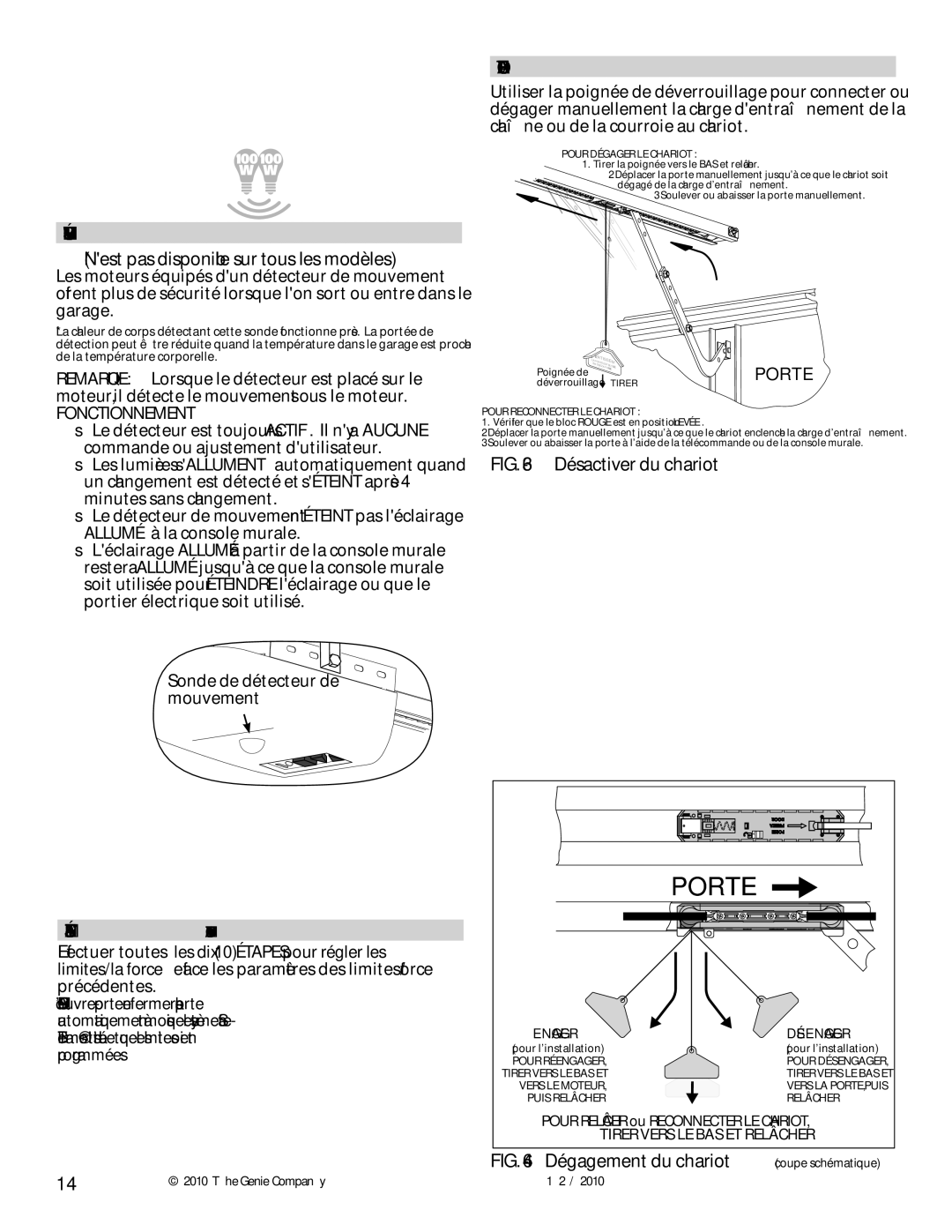 Genie 3042 manual Porte, Nest pas disponible sur tous les modèles, Verrouillage DU Chariot, Fonctionnement 