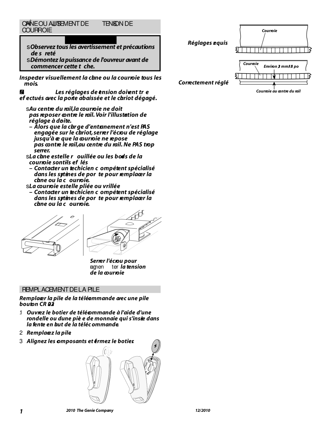 Genie 3042 manual Chaîne OU Ajustement DE Tension DE Courroie, Remplacement DE LA Pile, Correctement réglé 