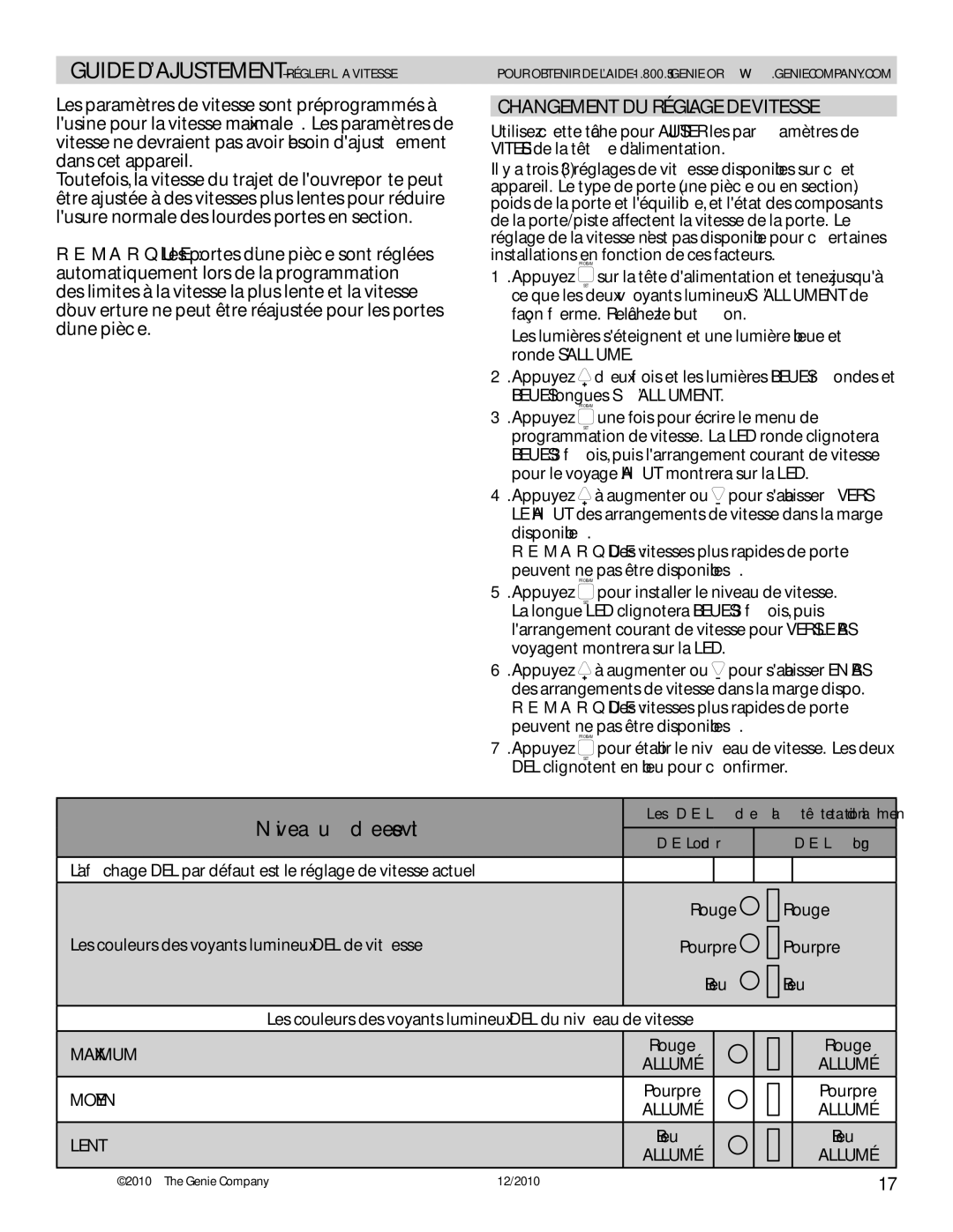 Genie 3042 manual Changement DU Réglage DE Vitesse 