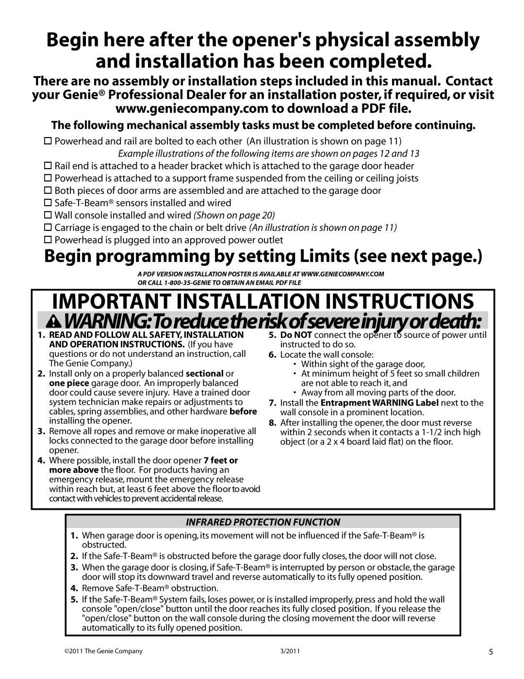 Genie 3042 manual Important Installation Instructions, Infrared Protection Function 