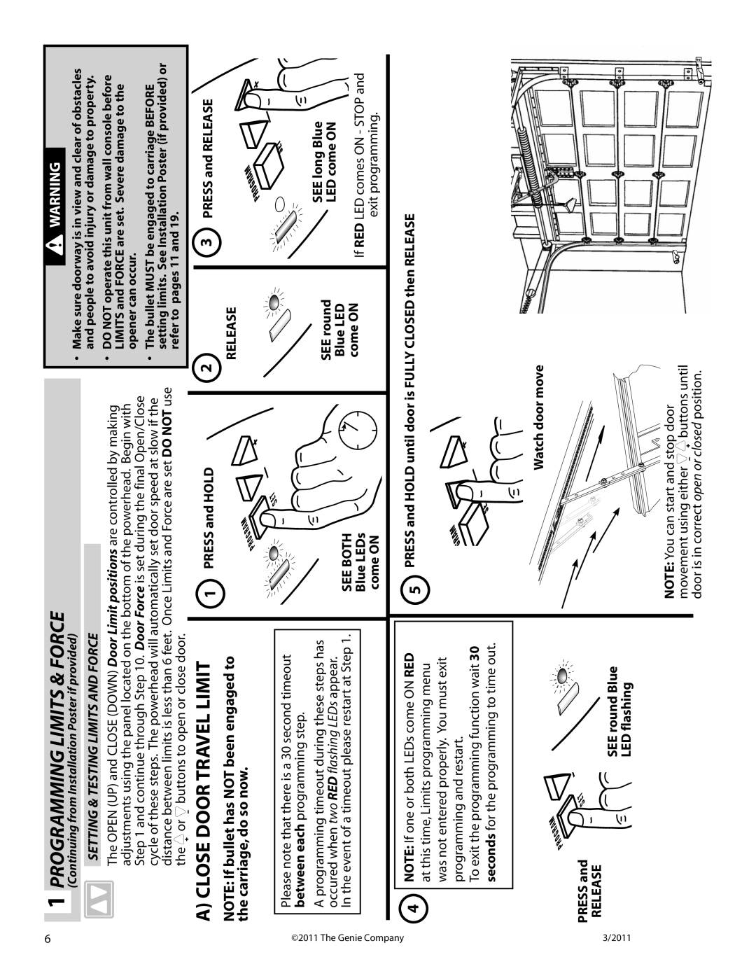 Genie 3042 manual Programming Limits & Force, Close Door Travel Limit, Carriage, do so now, See Both, Release 