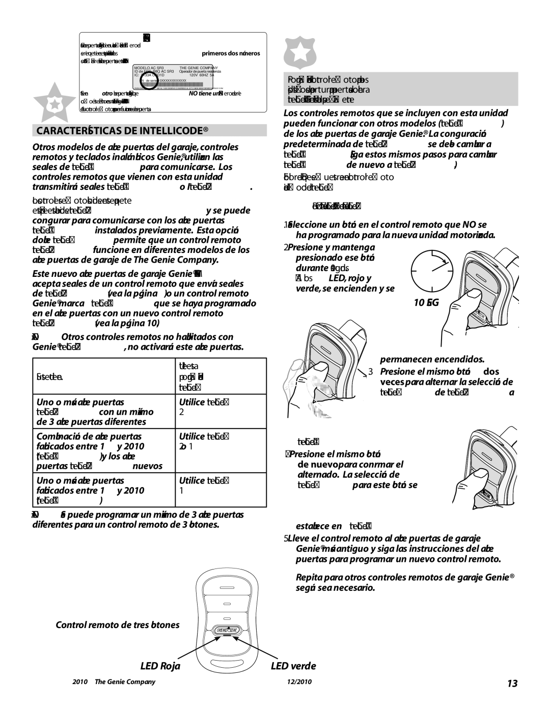 Genie 3042 manual Seg, IntelliCode en establece, Motorizada unidad nueva la para programado ha 