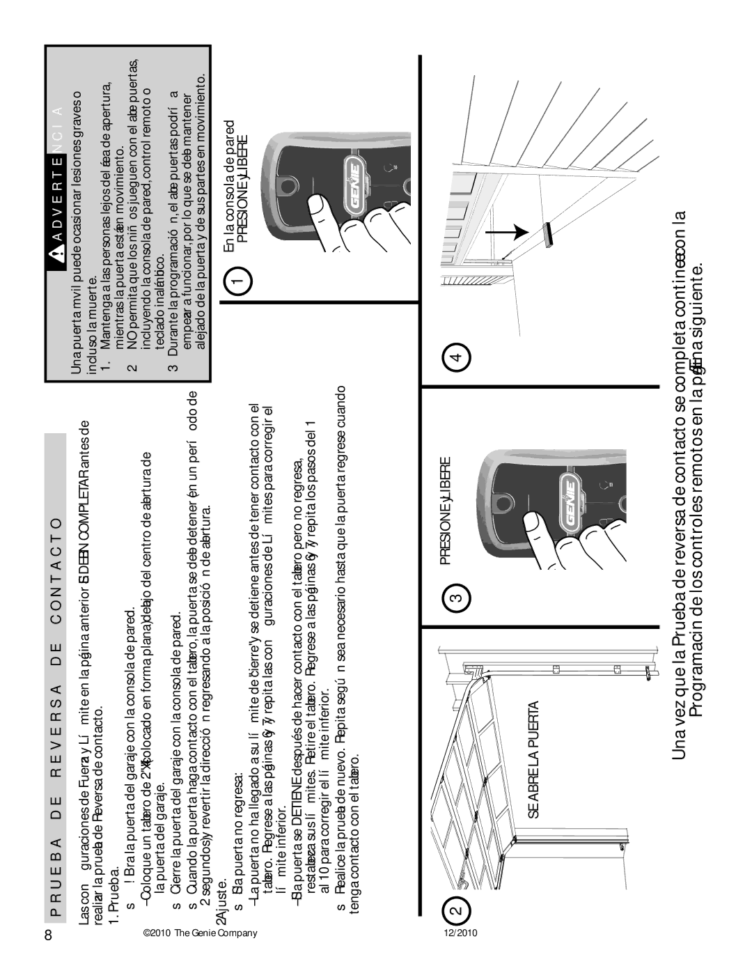 Genie 3042 manual Prueba DE Reversa DE Contacto, Ajuste, SE Abre LA Puerta 