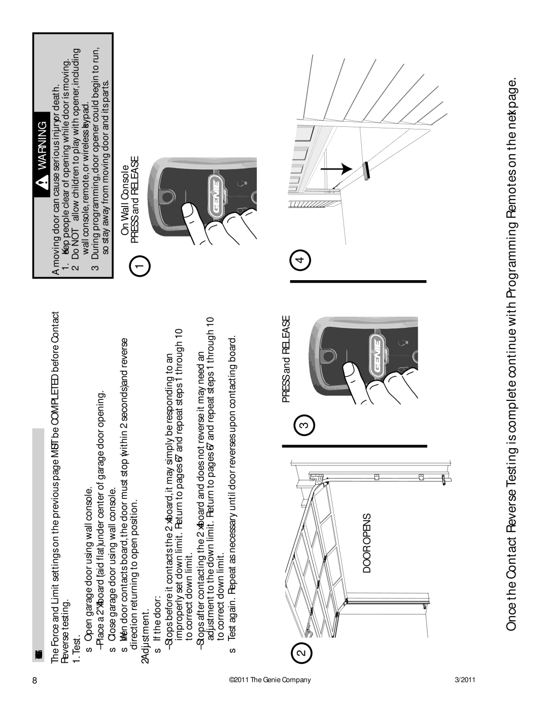 Genie 3042 manual Test, Adjustment, Keep people clear of opening while door is moving 